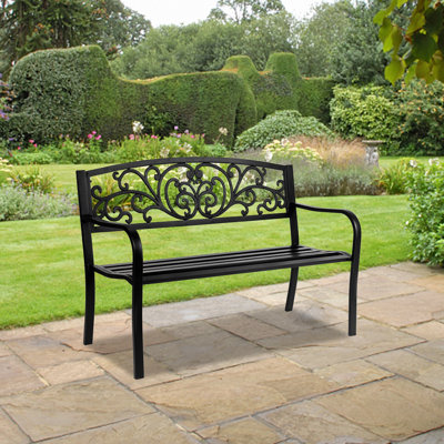 50" Black Steel & Pvc Outdoor Leisure Bench - Powder Coated, With Armrests For Courtyard & Park by Fleur De Lis Living