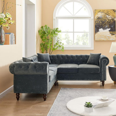 Classic Chesterfield Sectional Sofa,chesterfield L Shaped Velvet Sofa With 3 Pillows And Rolled Arm,luxury Button Tufted Sectional Couch 5-seater For Living Room