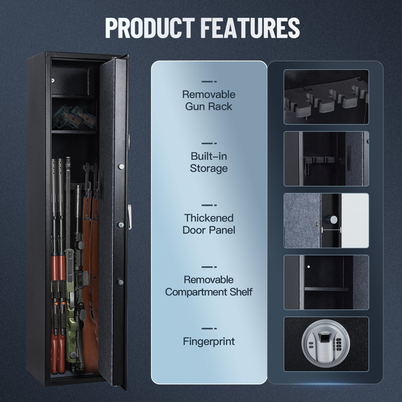 Coffre-fort Enjyam pour la maison : armoire de rangement sécurisée pour fusil et outils à main avec accès rapide par empreinte digitale, étagère amovible, mode silencieux, coffre à outils intégré, grande capacité, couleur noire.