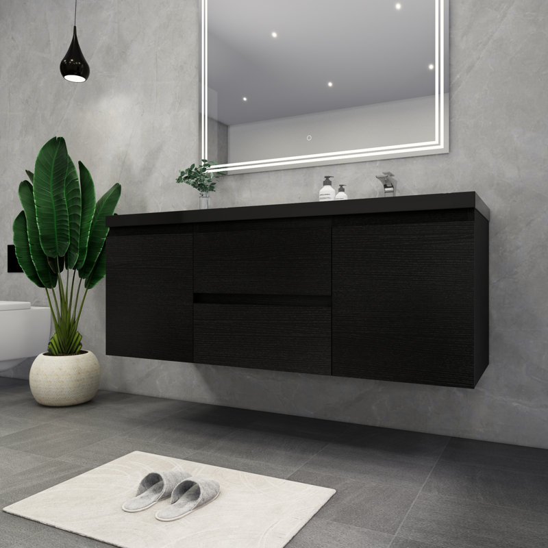 Castin 60" Wall-Mounted Single Right Sink Bathroom Vanity Set, Rich Matt Black