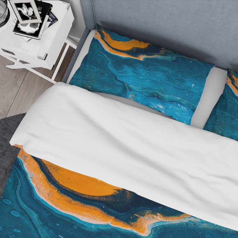 Composition abstraite de marbre en bleu et orange III - ensemble de housse de couette moderne - microfibre de polyester