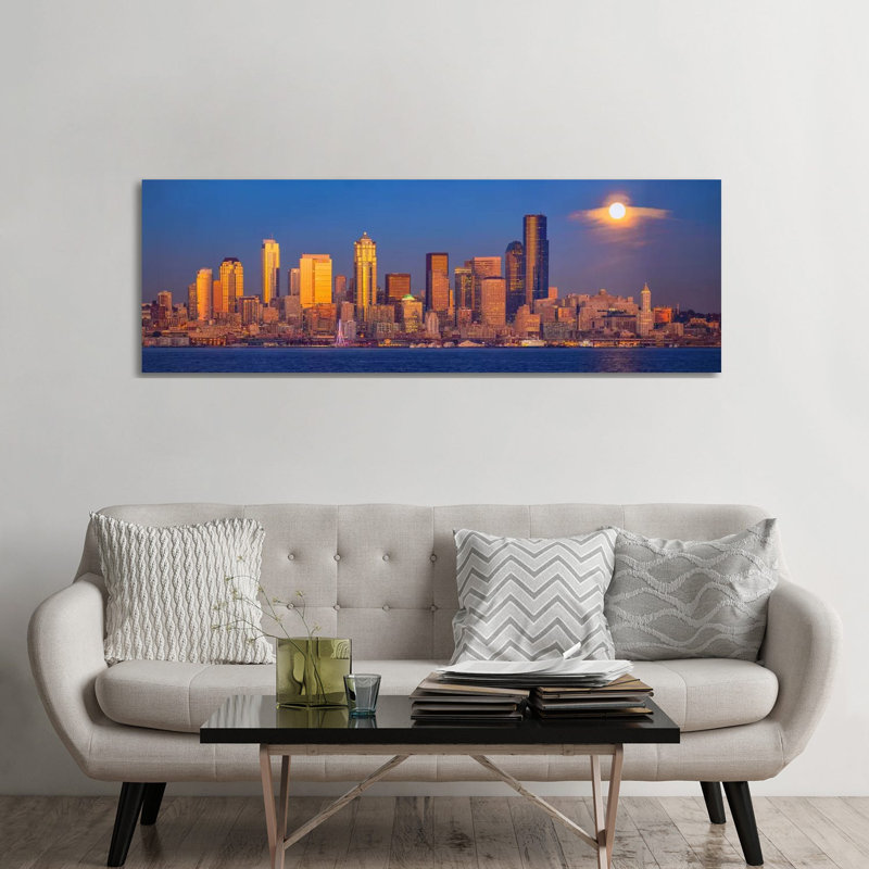 Moon over Seattle, Seattle, Washington 1 Piece Wrapped Canvas Panoramic Wall Art, 182.88 cm H x 60.96 cm W