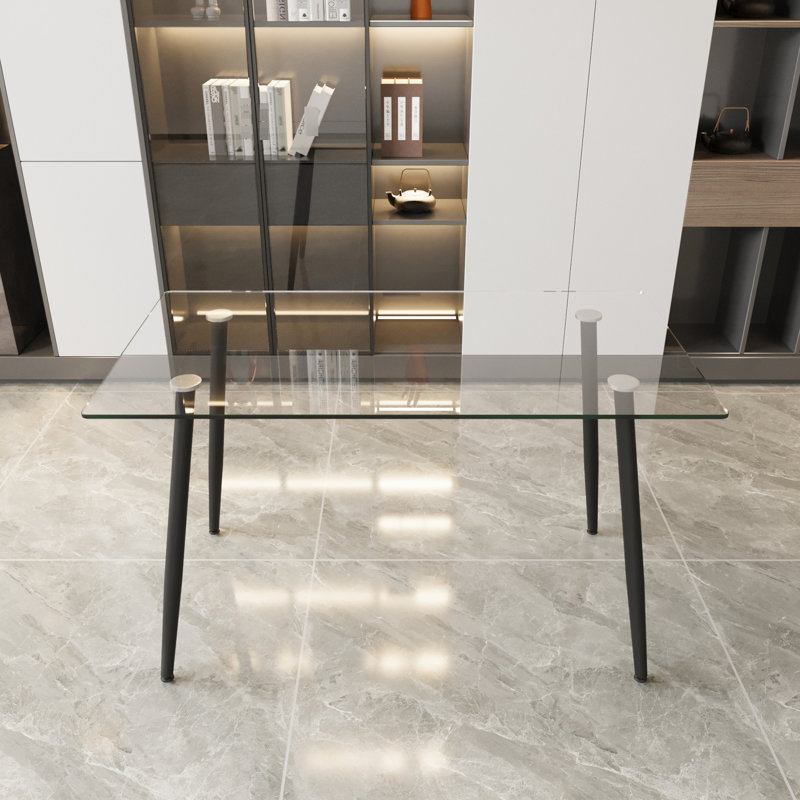 Table de salle à manger contemporaine en verre 51,18 pouces avec pieds en métal trempé et noir, pouvant accueillir 4 à 6 personnes pour les dîners tranquilles, structure élégante de 51 po et 0,31 po, idéale pour le yoga dans la cuisine
