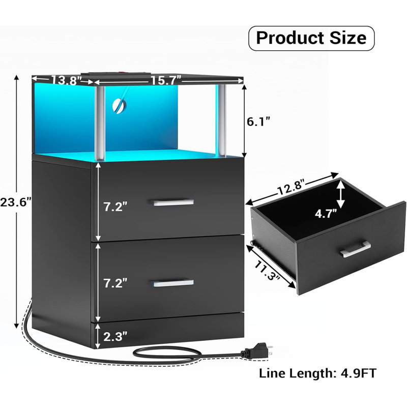 Black Nightstand with Charging Station and USB Ports, LED Night Stand with 2 Drawers, Modern End Side Tables with Open Storage, Bedside Tables for Bedroom, Office