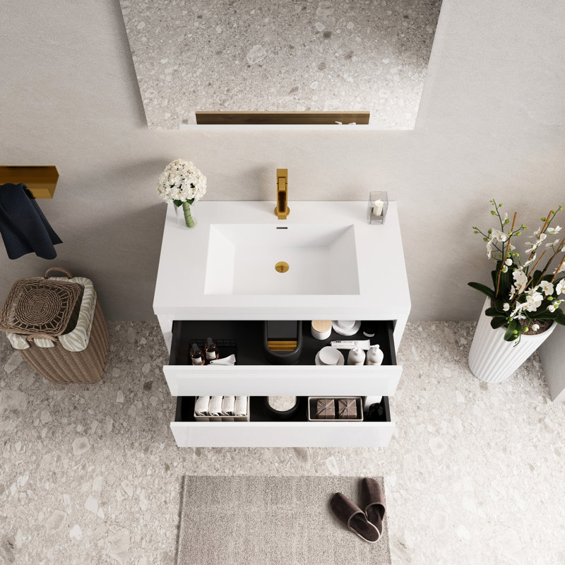Meuble-lavabo de 36 po, intérieur spacieux, matériaux, blanc brillant, comptoir en résine de pierre, rangement spacieux, tiroirs à fermeture en douceur