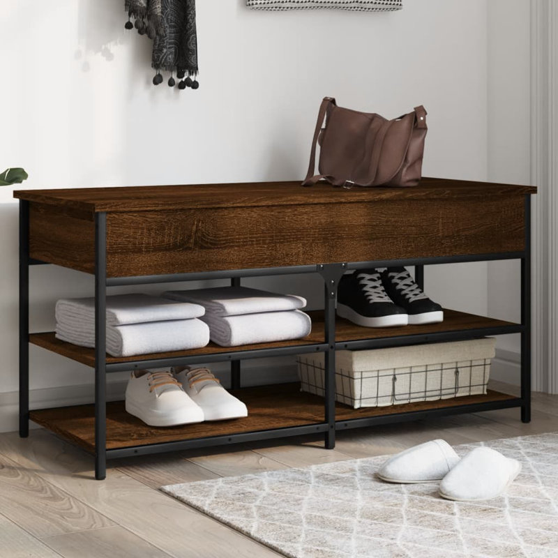 4 Pair Shoe Storage Bench, Brown Oak