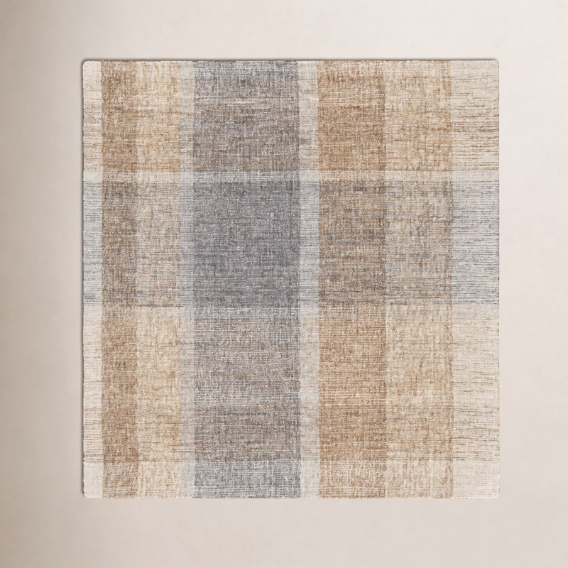 Light Brown Blue Hand-Tufted Geometric Wool Rug, Square 6'