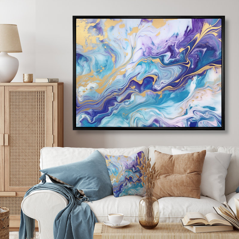 Turquoise et mauve liquide, art V - fractales, art mural, Cadre flottant noir, 16" H x 32" W