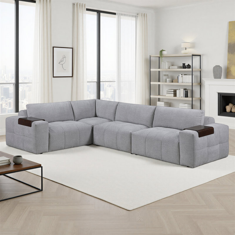 Louise 143" Modern & Contemporary 4-Piece Modular Sectional Sofa with Movable Arm Tray, High-Density Foam and Down-Blend Cushions