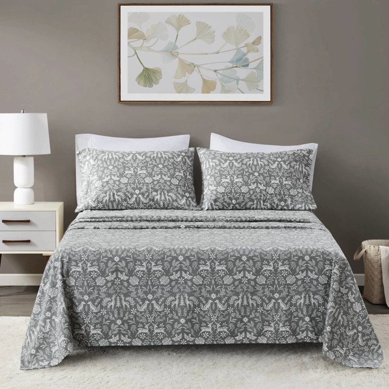 Drap-housse complet en 4 pièces avec imprimé Faune d'hiver sauge, 100% flanelle de coton, dimensions luxueuses convenant aux matelas de 18 po, douceur du tissu supérieur brossé, bonne couverture ajustée élastiquée,