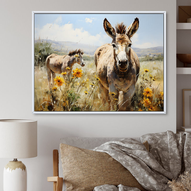 Donkey Flower Meadow Landscape I - Donkey, art mural, Cadre flottant blanc, H 30 po x l 40 po x P 1,5 po