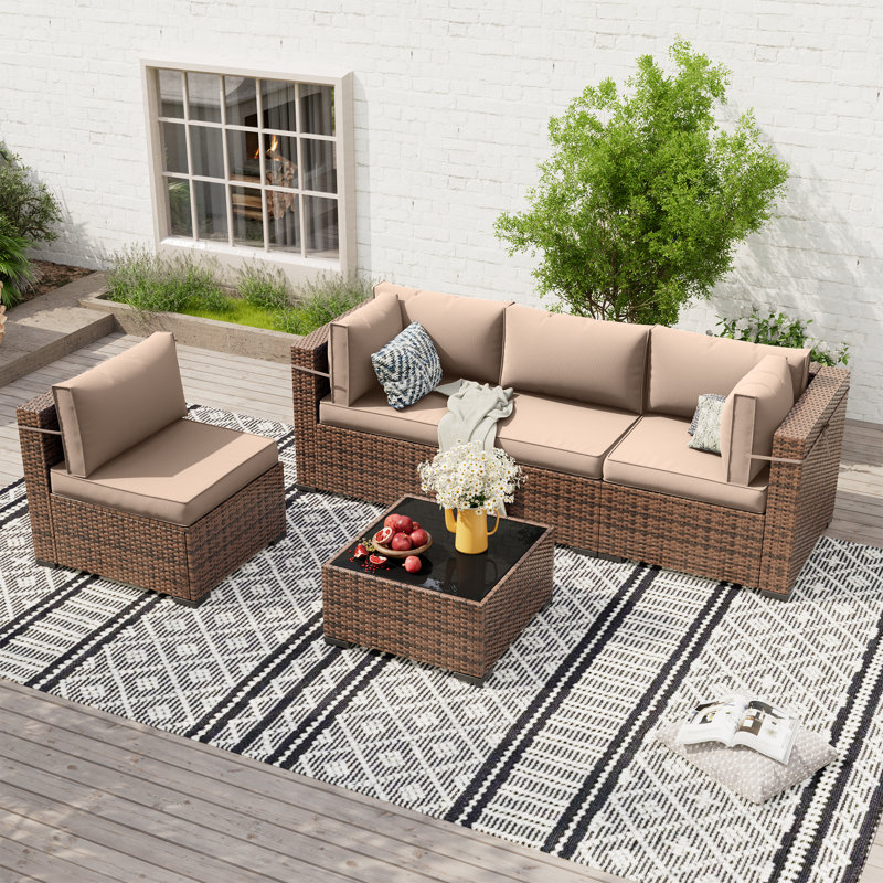 Dinyu Wicker 4 - Person Modular Patio Conversation Set with Cushions, Khaki