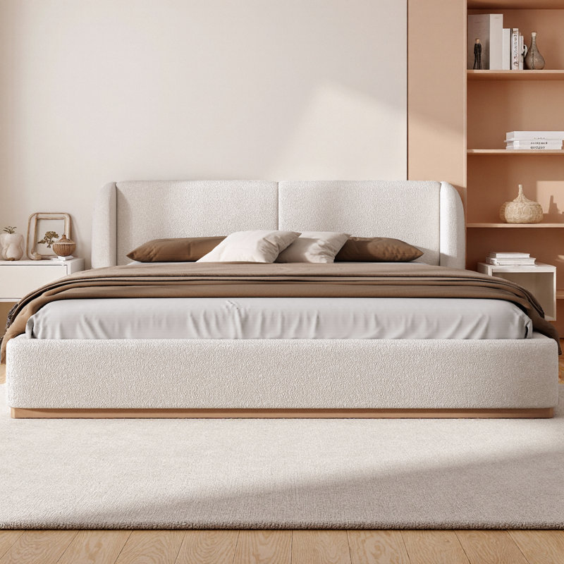 Bed Frame with Boucle Upholstered Wingback Headboard, Solid Wood Base, White, King