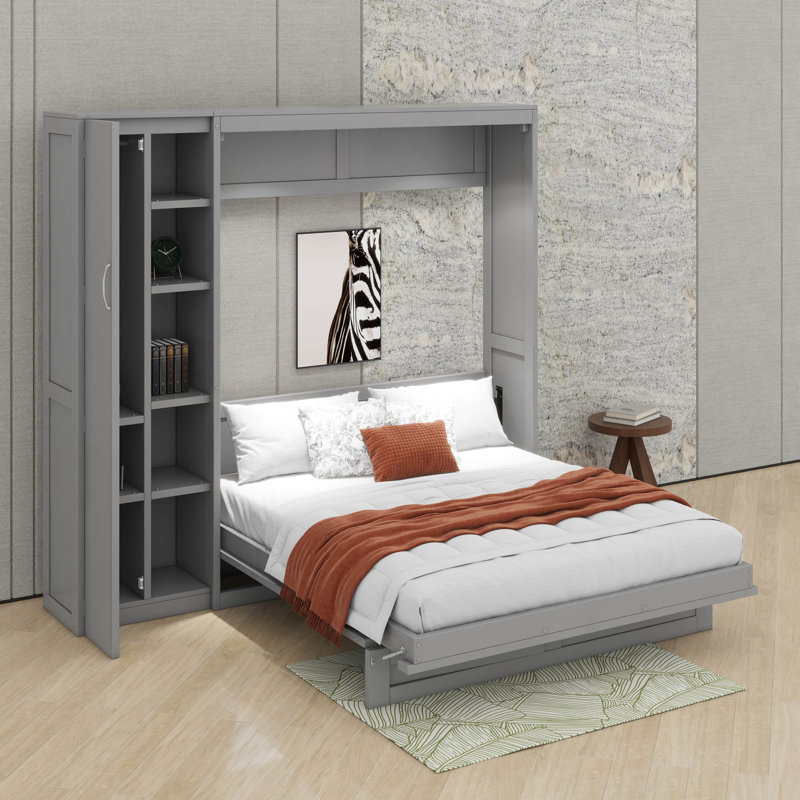 Lit escamotable double avec tablettes, garde-robe et DEL, Gris