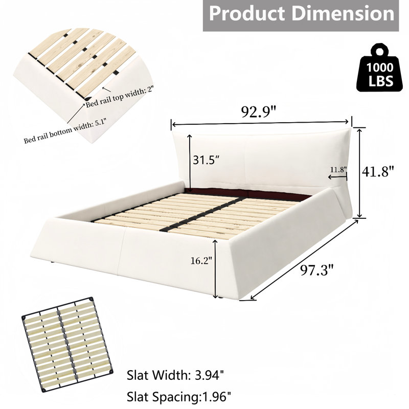 Lit plateforme très grand avec tête de lit en velours doux et base en bois massif, Crème, crème