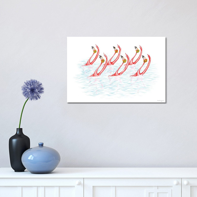 Flamingos Synchro Swim by Amélie Legault - Painting on Canvas, Wrapped Canvas, 30.48cm H x 45.72cm W x 1.91cm D