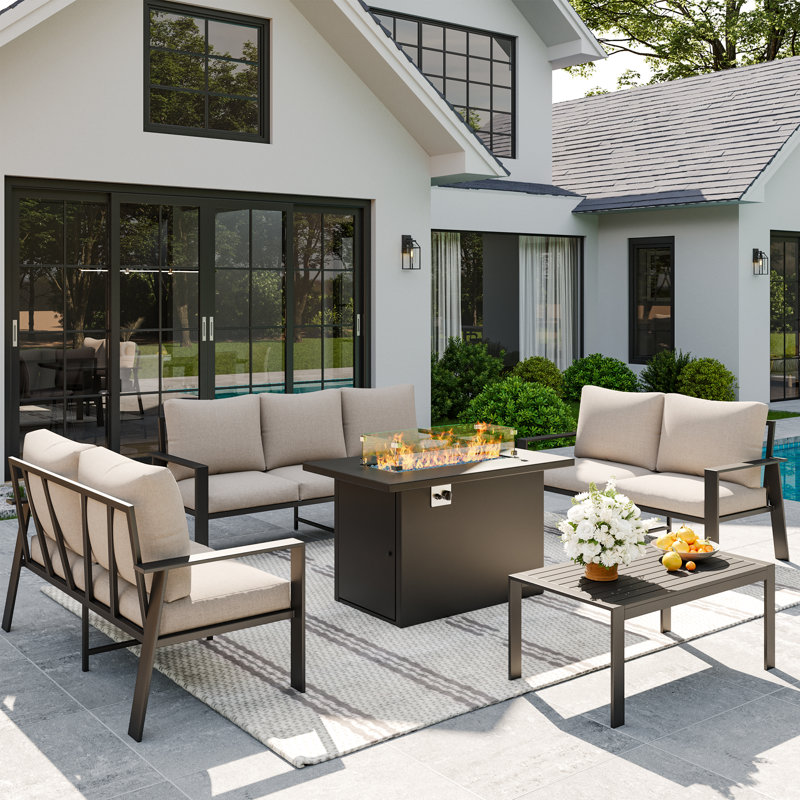 Aluminum Oudoor Sofa Set 7-Seat Patio Conversation Set with Coffee Table, Beige, Yes