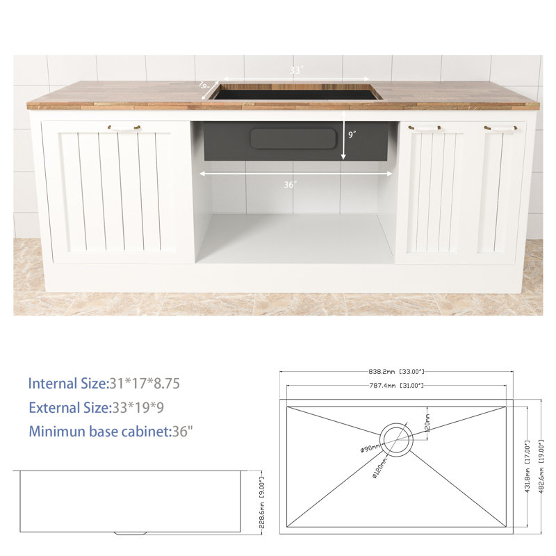 Évier de cuisine de 33 po - Acier inoxydable encastré avec condensation et hygiène 33 po x 19 po x 9 po avec ensemble de drain de cuve simple et grille de vaisselle