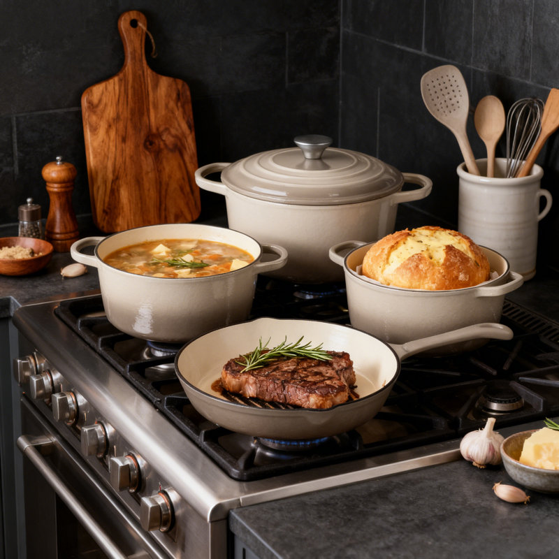 Batterie de cuisine en fonte émaillée 7 pièces 7 pièces, Beige