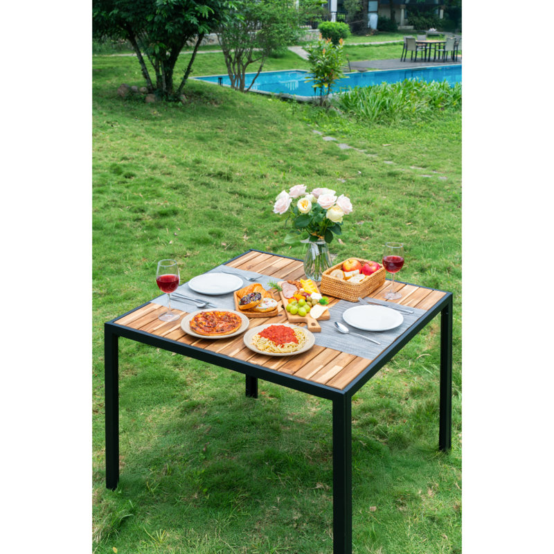 All Weather 5-Piece Patio Dining Set With Acacia Wood Table Top And Umbrella Hole, Yellow/Brown