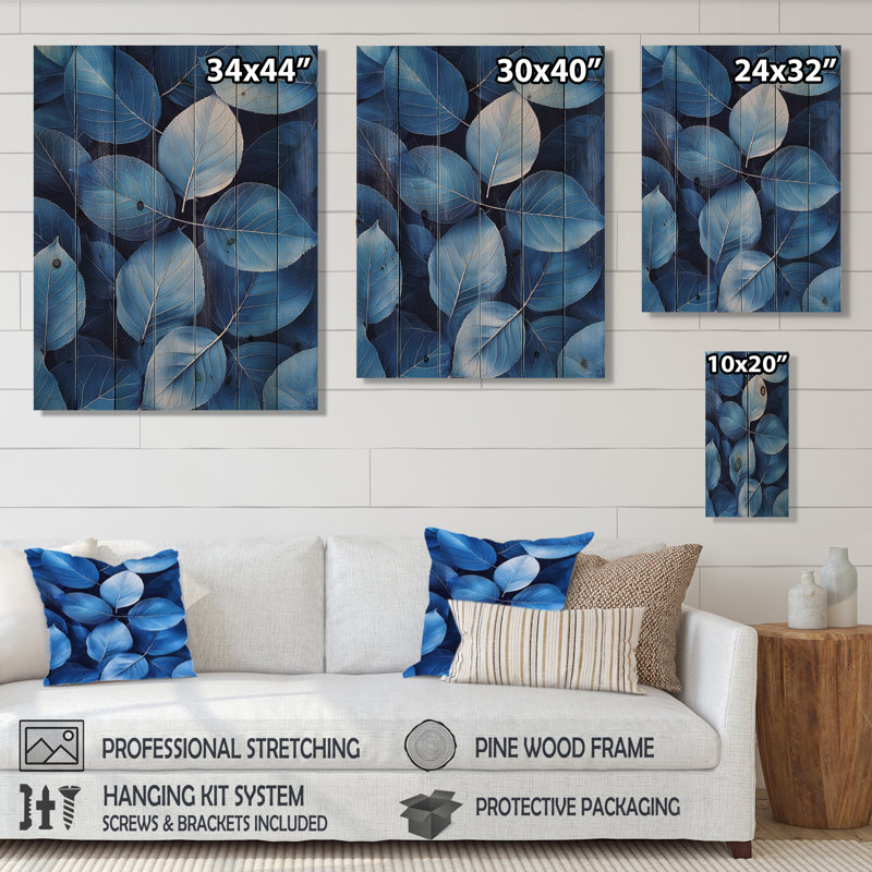 Pervenche, feuilles de bleu simplicité I - feuilles, décoration murale en bois - sur bois de pin naturel, H 44 po x l 34 po