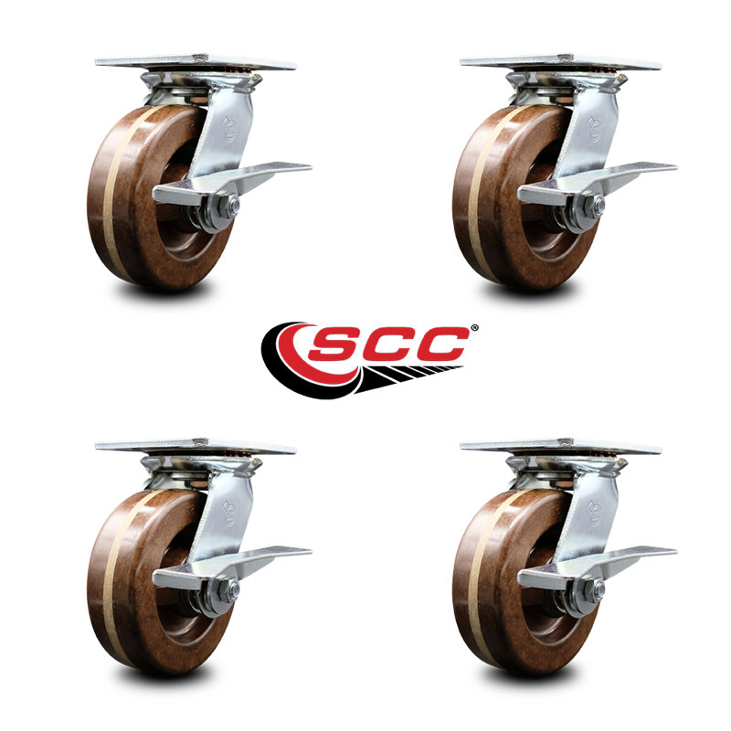 6 Inch Heavy Duty High Temp Phenolic Caster Set with Roller Bearings and Brakes
