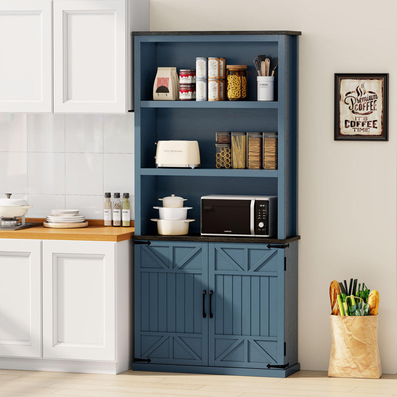 70'' Tall Blue MDF Farmhouse Bookcase with Doors and Shelves