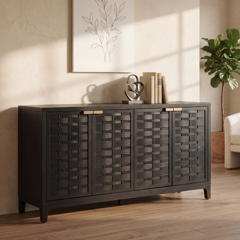 Buffet 4 portes de 150 cm (59 po) en tissu 3D noir tissé, pattes en bois massif et poignées en métal doré, style industriel