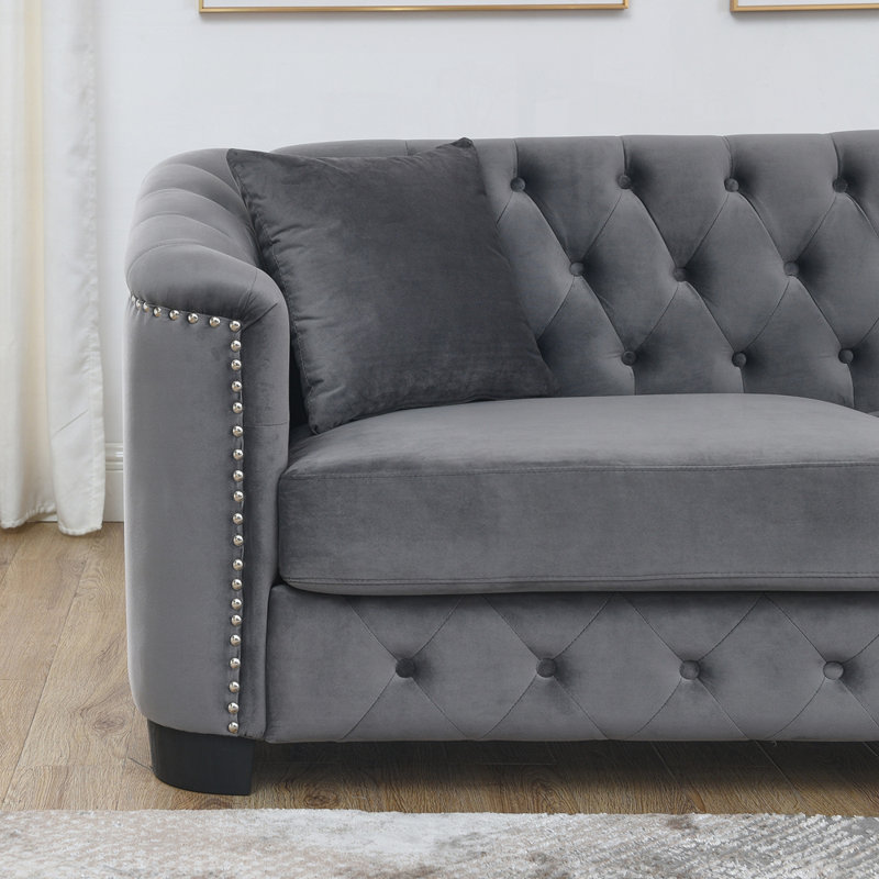 Hafid 76.89'' Velvet Sofa, Gray Velvet, 30" H x 59" W x 31.5" D