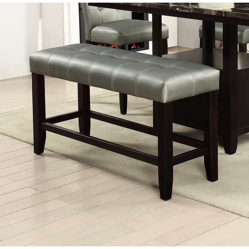 Silver Faux Leather Counter Height Dining Bench, Seat With Stable Wooden Base, Modern Look Strong Chic, Silver