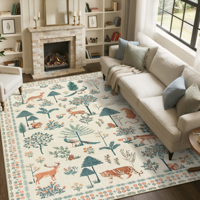 Garbrand Jungle Animal & Floral Washable Beige 8X10 Area Rugs - Ultra Thin Non Slip Rug For Living Room Bedroom Kids Room / Nursery