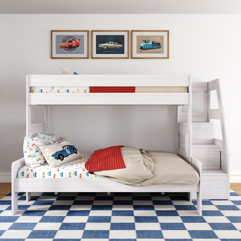 Modern Farmhouse Bunk Bed With Staircase, Twin XL Over Queen, White Wash