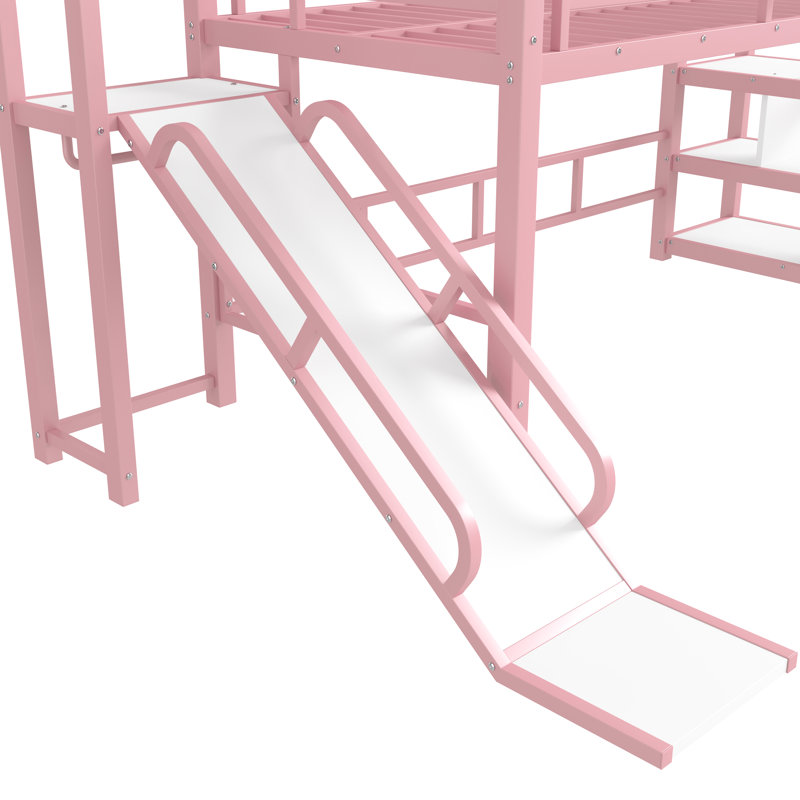 Pink Twin Metal Loft Bed With Slide, Stairs, Guardrails, Storage And Noise - Structure For A Cheerful Dreamy Space House Shaped Frame Shelf Safe Playful Bedroom