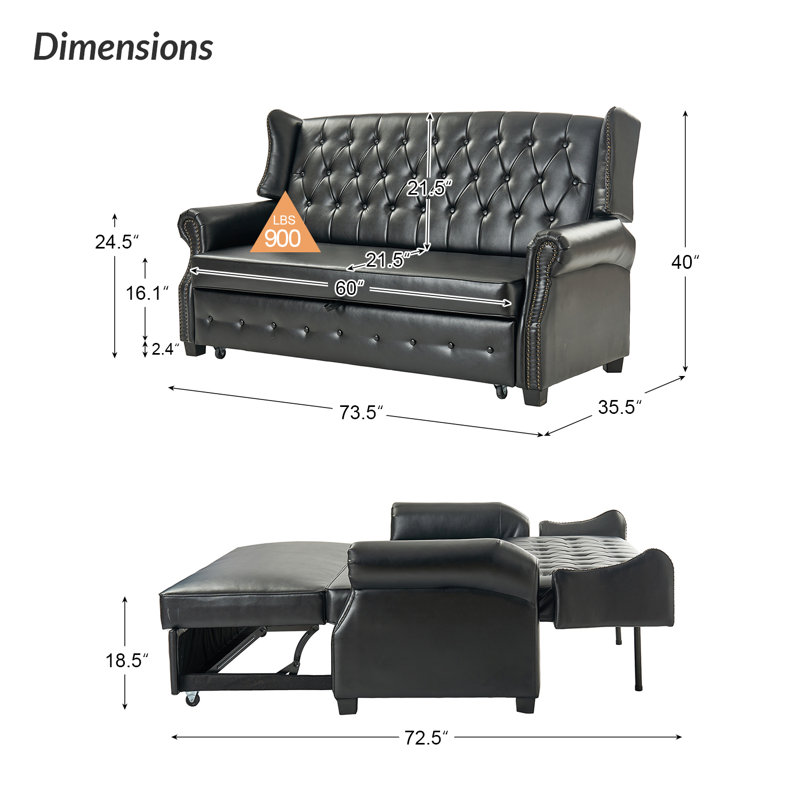 Canapé-lit en cuir végétalien à dossier capitonné de 73,5 po Atravion, Noir, noir, noir, noir