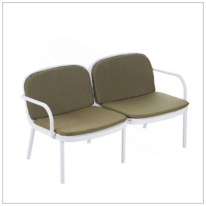 Causeuse d'extérieur en PP Luna, durable et élégante avec structure blanche résistante aux intempéries et coussin vert confortable