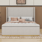 Queen Size Corduroy Upholstered Bed Frame With Storage Ottoman, And Vertical Stripe Wingback Headboard And High Footboard