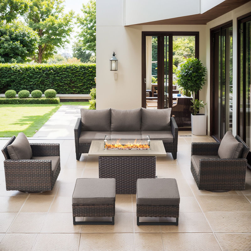 Naresa 6-Piece Outdoor Sofa Set, Wicker Patio Furniture Set With Fire Pit Table, All-Weather PE Wicker , Brown Wicker Beige Cusion