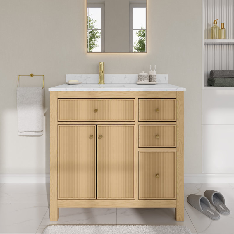 Pendry 36" Freestanding Single Bathroom Vanity with Top, Tanned Oak, Matte Black, Carrara Cultured Marble