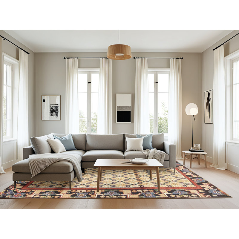Tapis orange traditionnel/noir/jaune clair Finan, Rectangle 8 pi x 12 pi