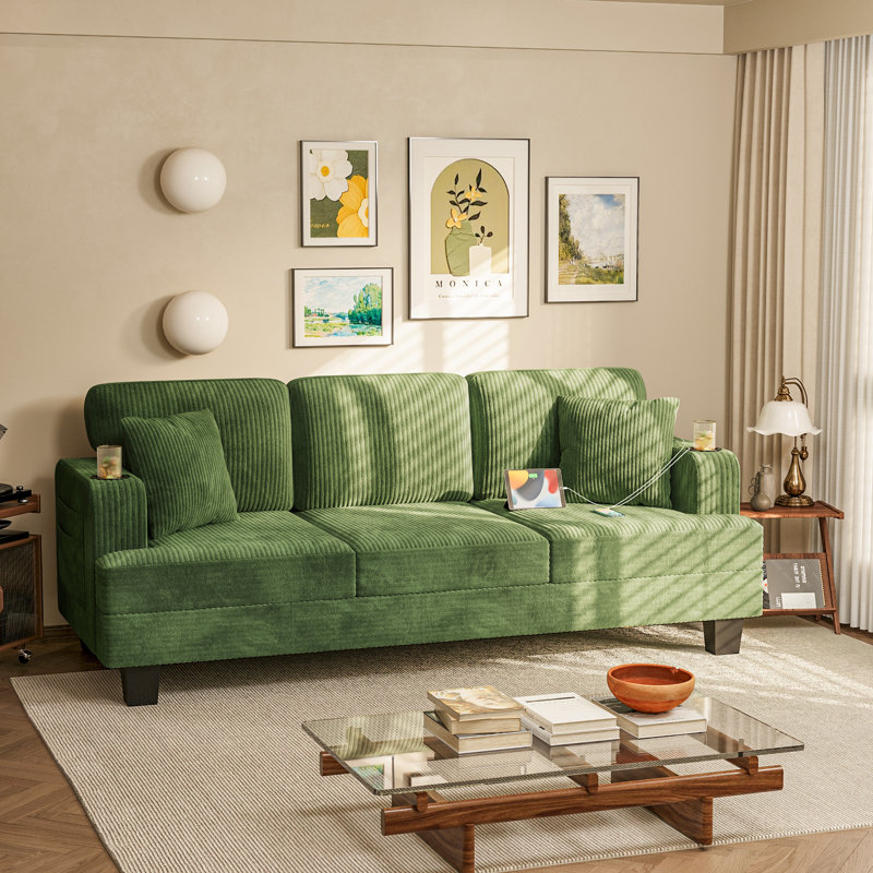 84" Modern Style Comfortable Corduroy Reception Sofa, Seating of 3, with Cup Holder and Side Pocket, Green