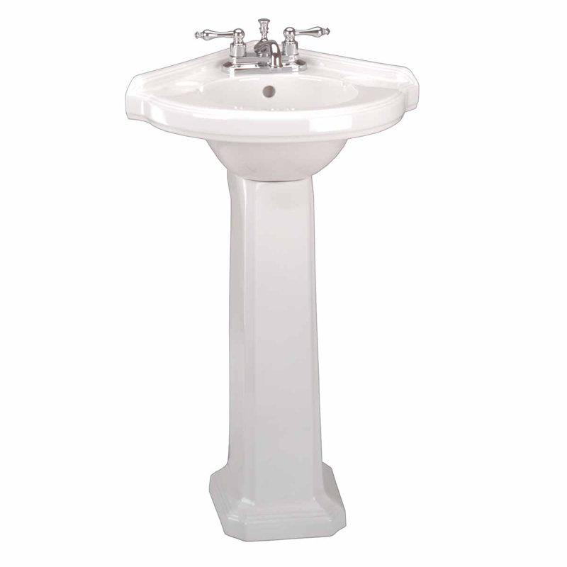 White Ceramic Corner Pedestal Bathroom Sink with Overflow