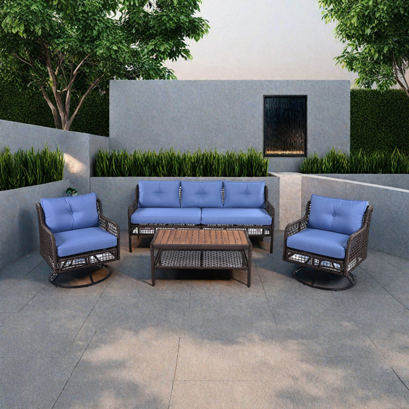 5 - Person Pation Conversation Sofa Set With Swivel Chairs And Cushions, Blue Cushion/Espresso Wood Frame