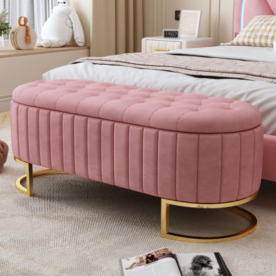 Élégant repose-pieds de rangement rembourré en velours avec capitonnage à boutons, banc de rangement avec pieds en métal pour la chambre à coucher, le salon, entièrement assemblé sauf les pieds, rose