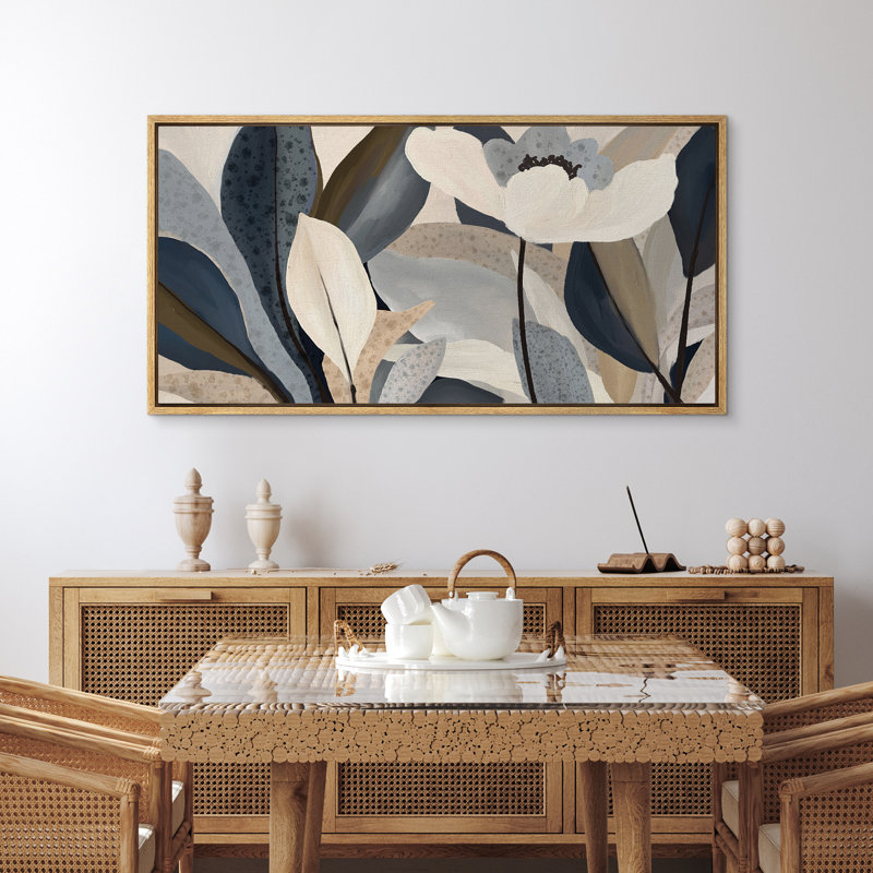 Abstrait art floral botanique abstrait bleu minimaliste moderne, H 30 po x l 60 po, Naturel