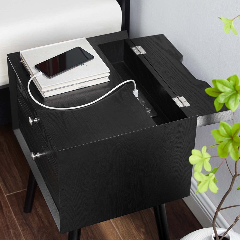 Ember Wood Mid-century Modern Nightstand, Black
