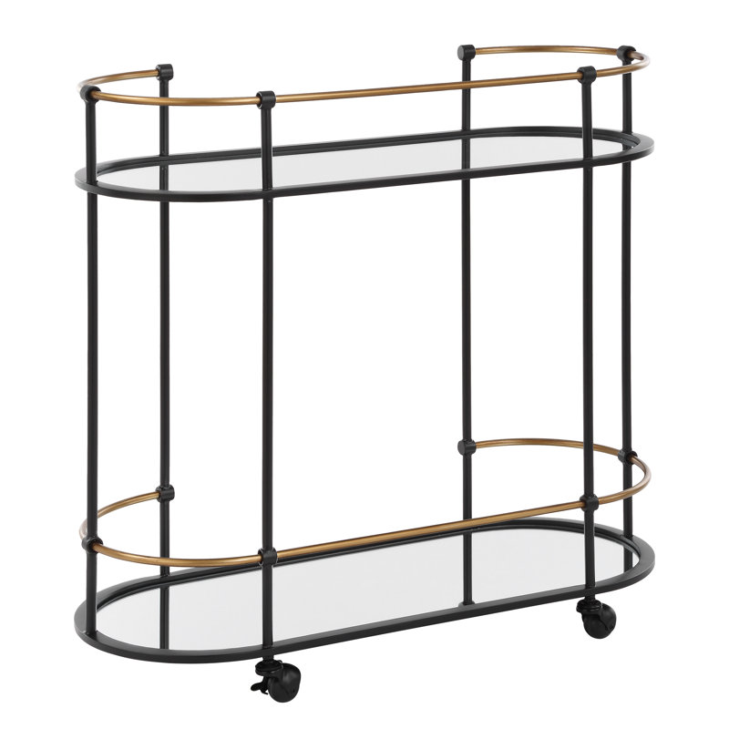 Oval Black Iron Bar Cart with Mirrored Shelves