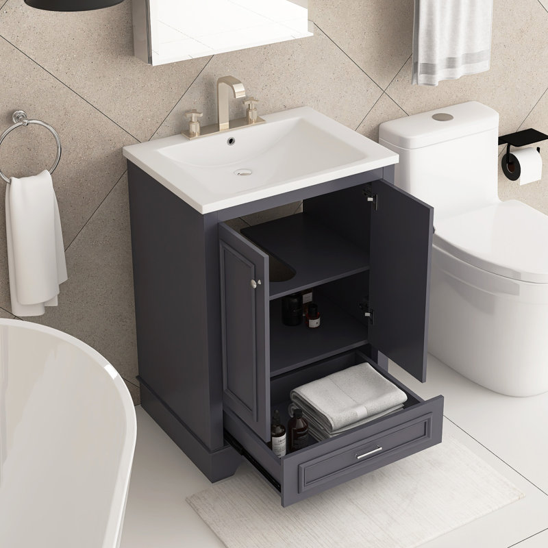 24 po Ensemble de meuble-lavabo sur pied gris avec lavabo en céramique