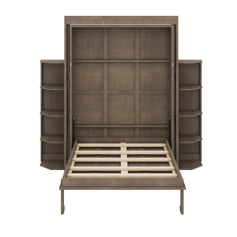 Grand lit escamotable avec bureau convertible, 2 tablettes latérales à 3 niveaux et supports de rangement supplémentaires, armoire murale pivotante en bois