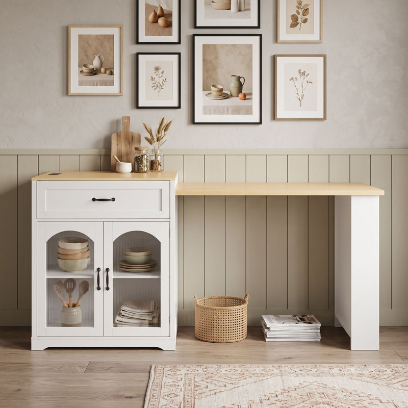 Table de cuisine extensible avec station de recharge intégrée, rangement pour bouteilles de vin et tiroirs, Blanc naturel