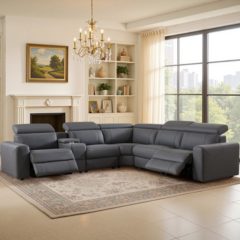 Oversized Power Reclining Leather Sectional Sofa With Console And Dual Recliners For Living Room Dark Gray, Gray Faux Leather